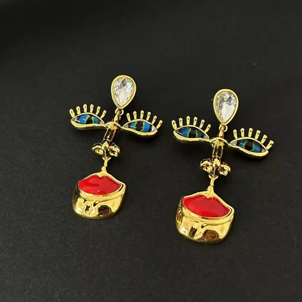 Statement Gold Face Motif Drop Earrings with Blue and Red Enamel - Picture 2 of 4